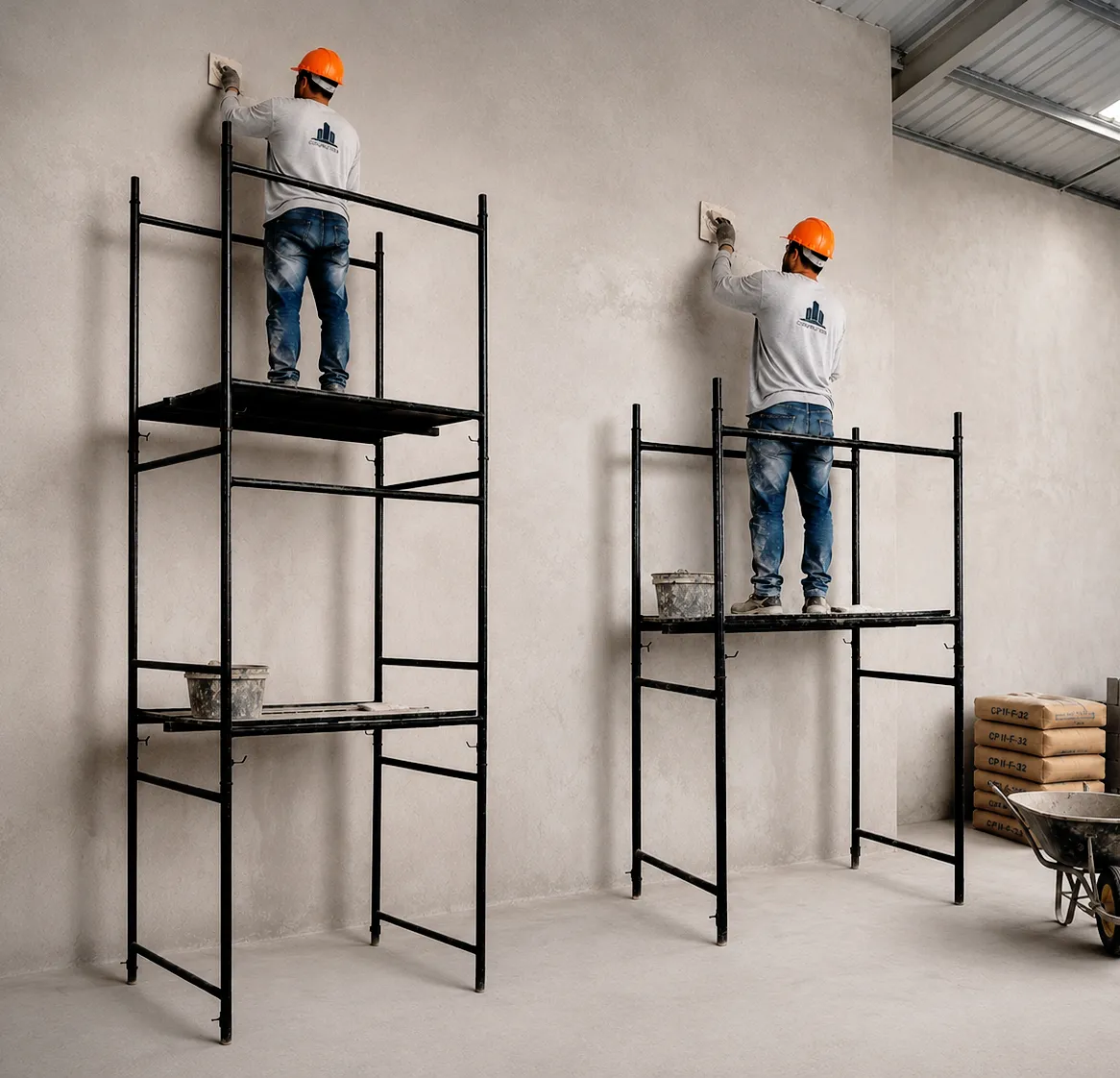 Andaime tubular com trabalhadores em obra