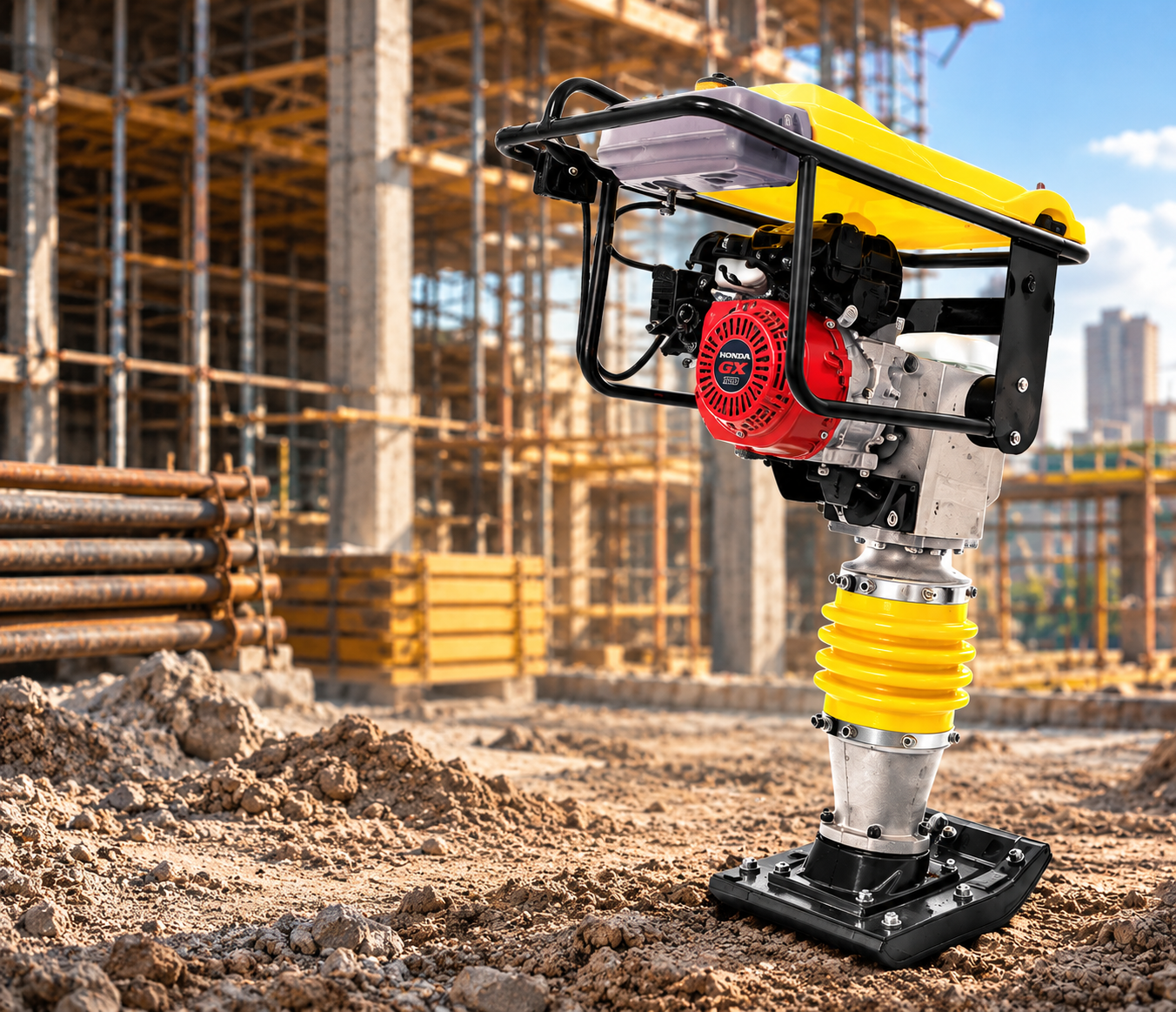 Compactador de solo tipo soquete vibratório (sapo) em canteiro de obra
